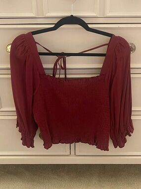 Smocked Square-Neck Women's Top in Wine Red